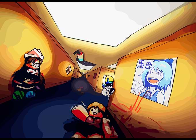 Cartoon characters in a hallway scene roblox game
