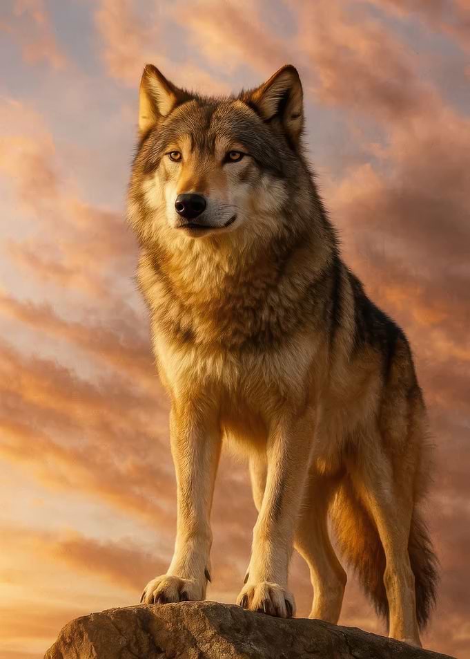 Wolf on a Rock at Sunset