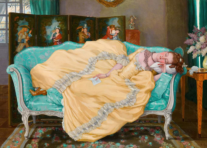 Woman Asleep on Turquoise Couch Painting