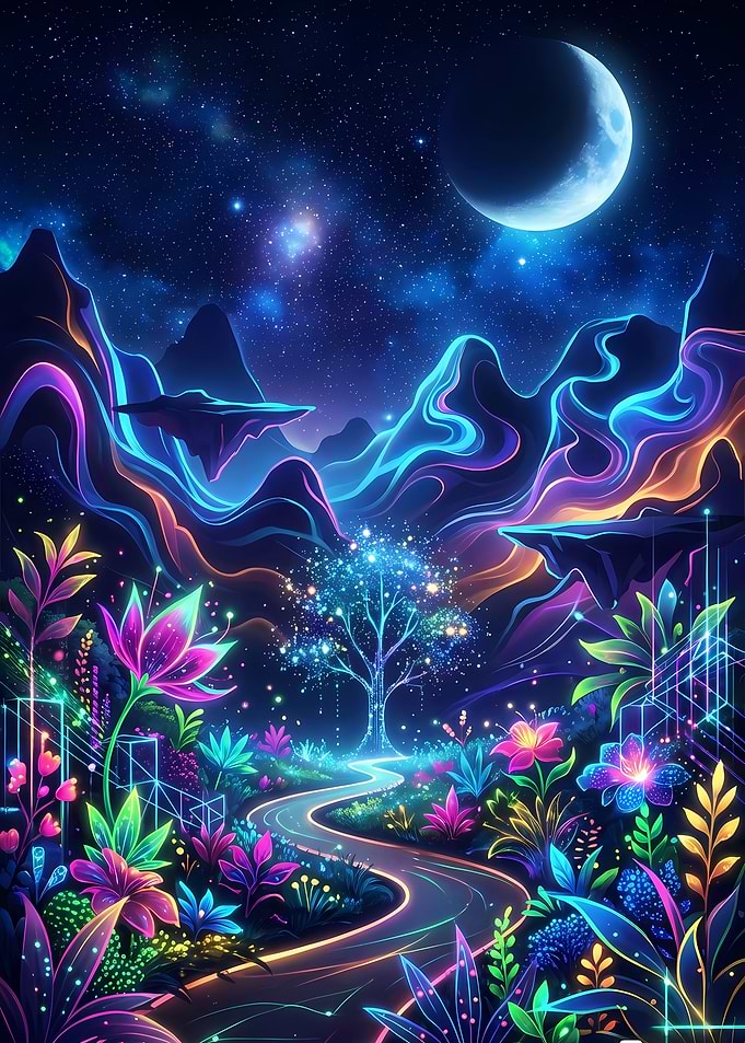 Neon Dreamscape with Moon and Flowers