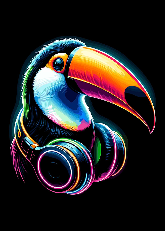 Neon Toucan with Headphones