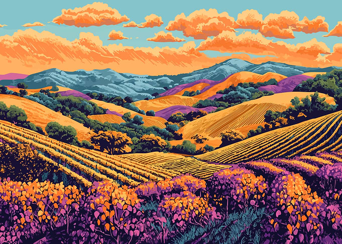 Calm Vineyard Landscape Minimalist Art Illustration