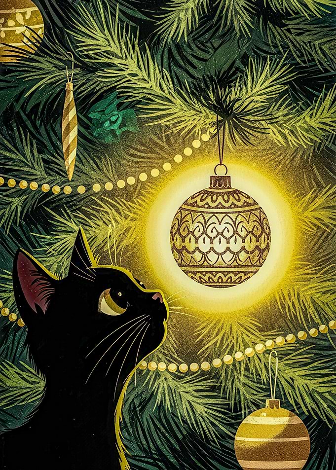 Black Cat and Christmas Tree Ornament