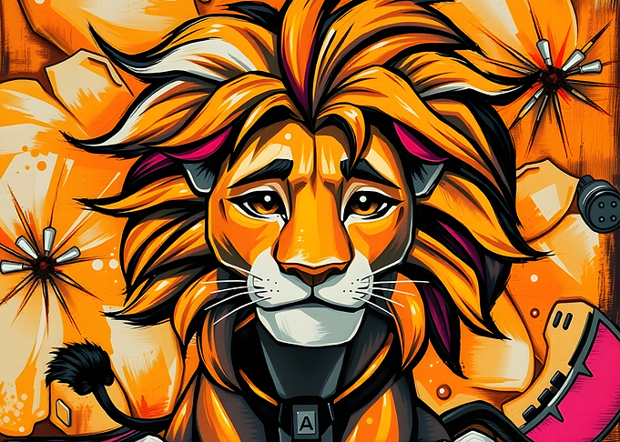 Cyberpunk Lion Portrait with Floral Background