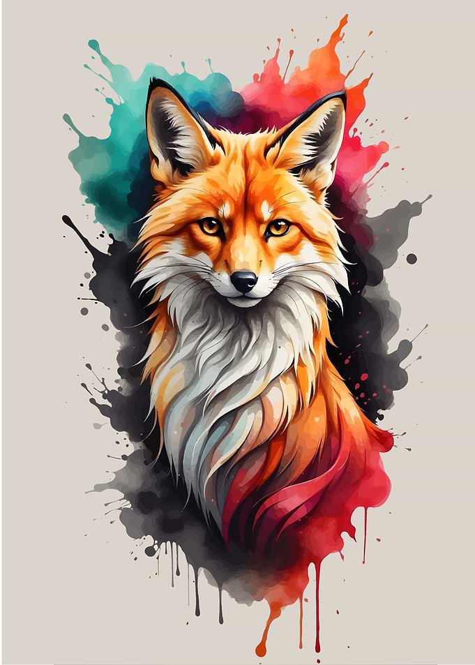 Fox Portrait with Watercolor Splatters