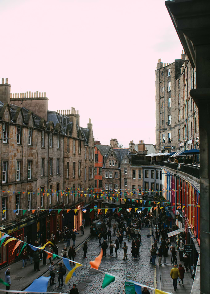 Edinburgh street with colorful flags