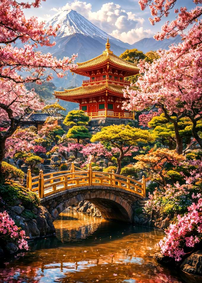 Japanese Temple Cherry Blossoms