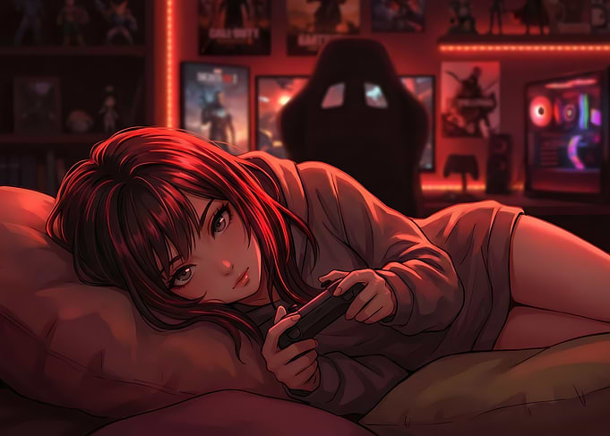 Anime Girl Gaming in Red Room
