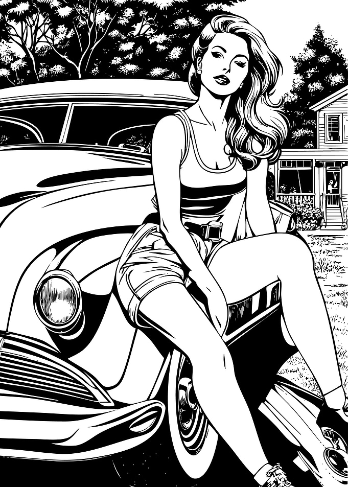 Woman sitting on vintage car hood