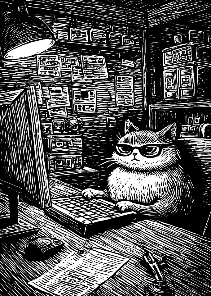 Cat at Computer, Woodcut Style