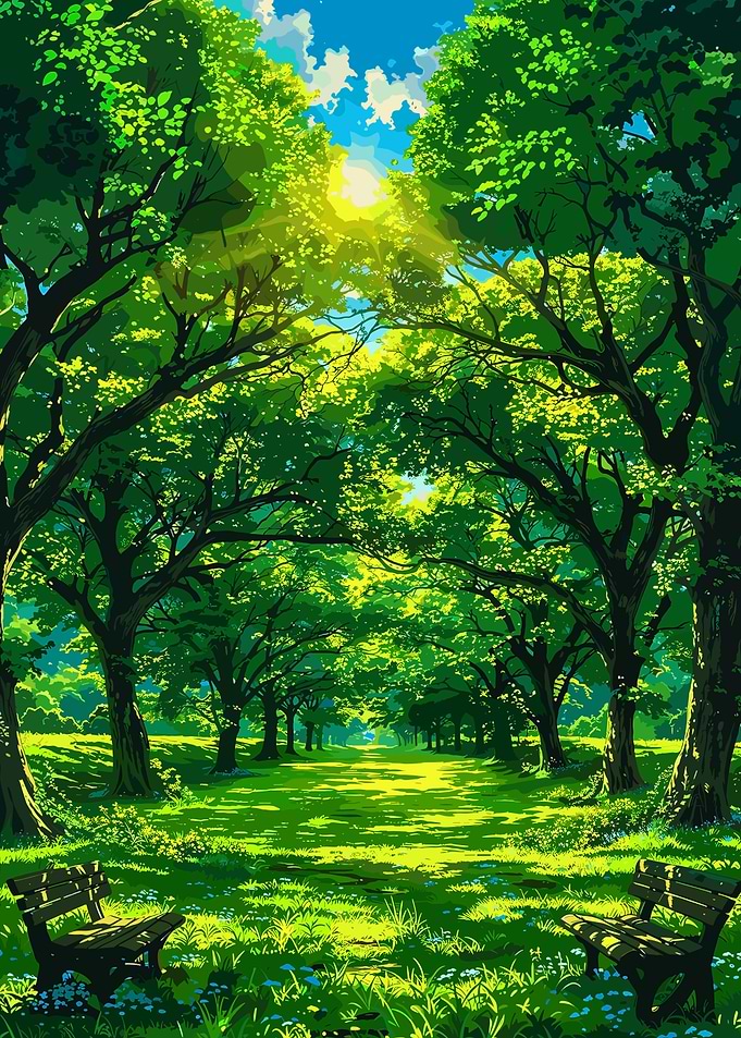 Lush Green Park with Benches