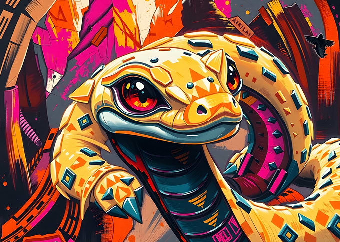 Stylized Yellow Snake with Geometric Patterns