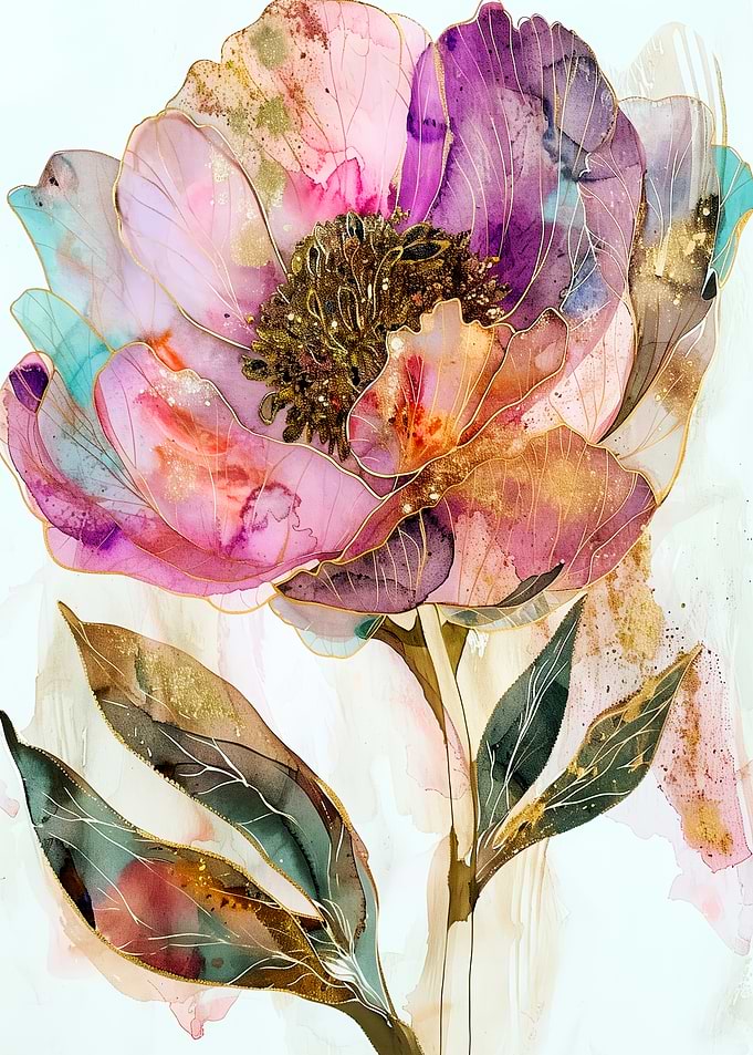 Watercolor Peony with Gold Accents