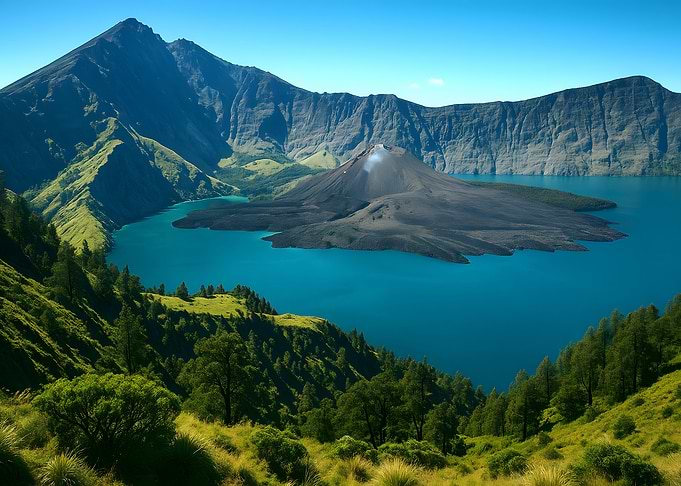 Volcanic Island in a Turquoise Lake