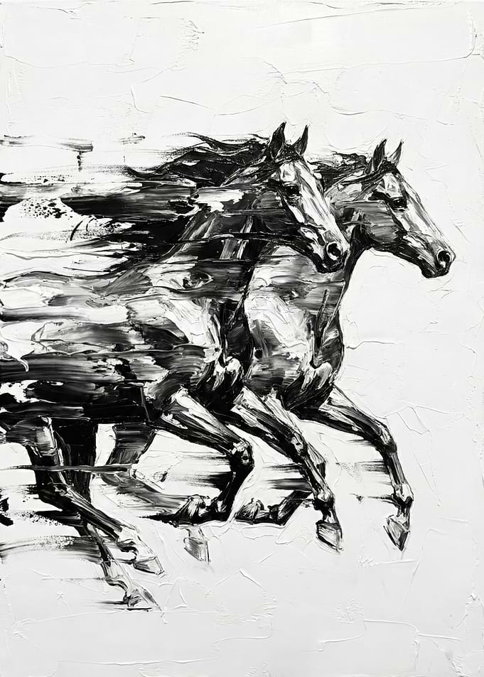 Running Horses Black and White Painting