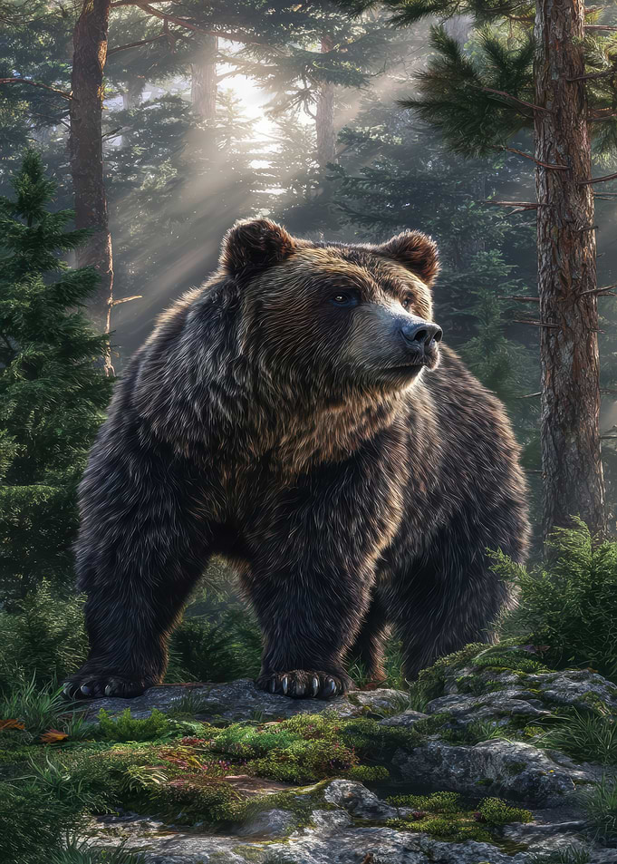 Grizzly Bear in Forest Sunlight