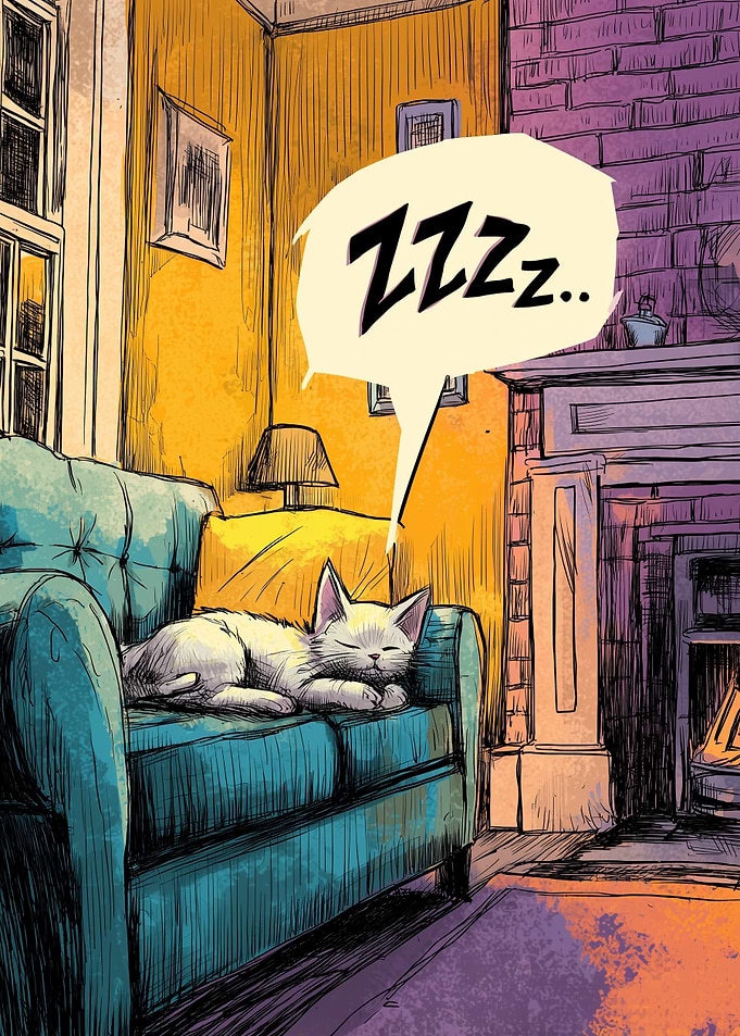 Sleeping Cat on Couch with ZZZ