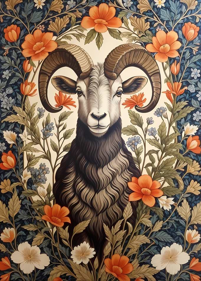 Bighorn Sheep Portrait with Floral Ornament
