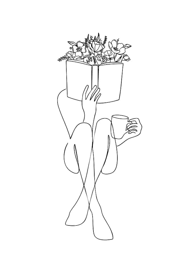 Line Art: Reading Woman with Flowers book and coffe