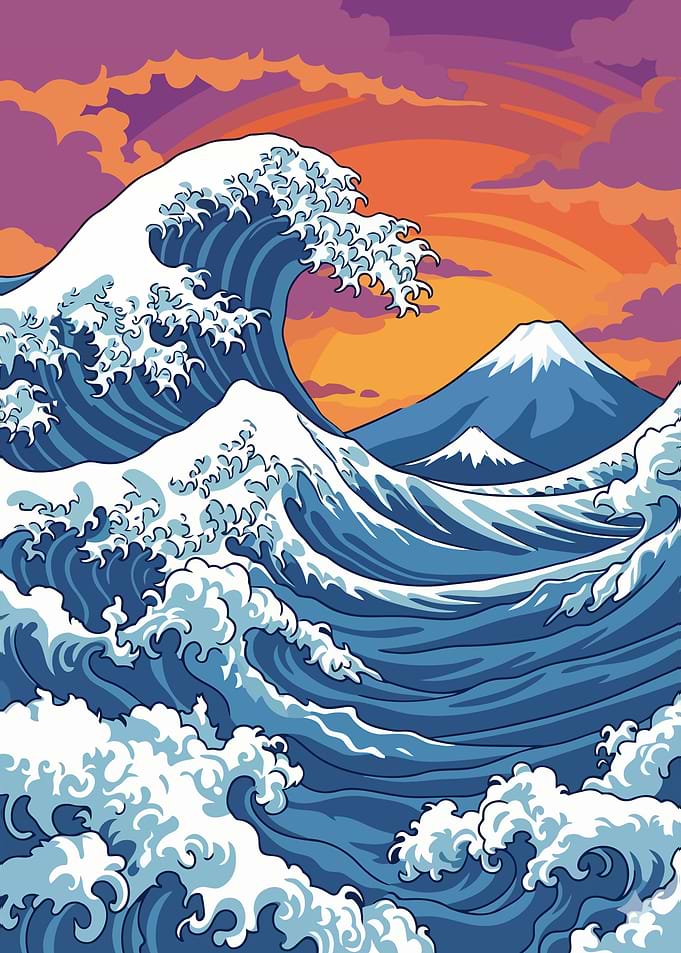 Great Wave Illustration with Mount Fuji