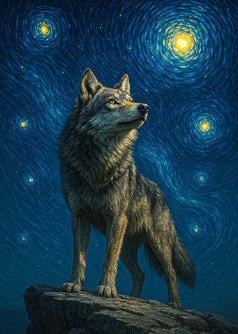 Wolf under Starry Night Sky