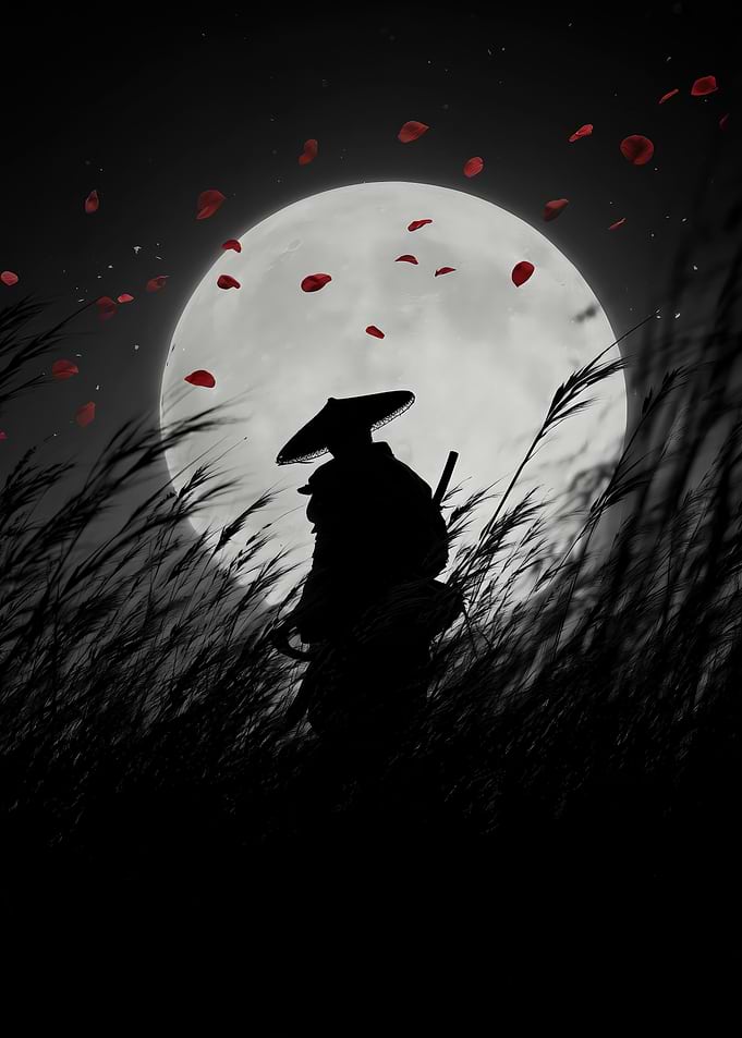 Silhouette of a Samurai under Moonlight