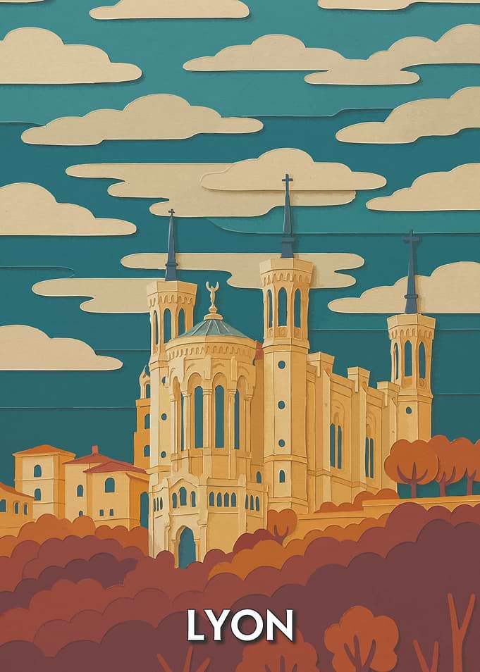 Lyon Cityscape Paper Cutout Style