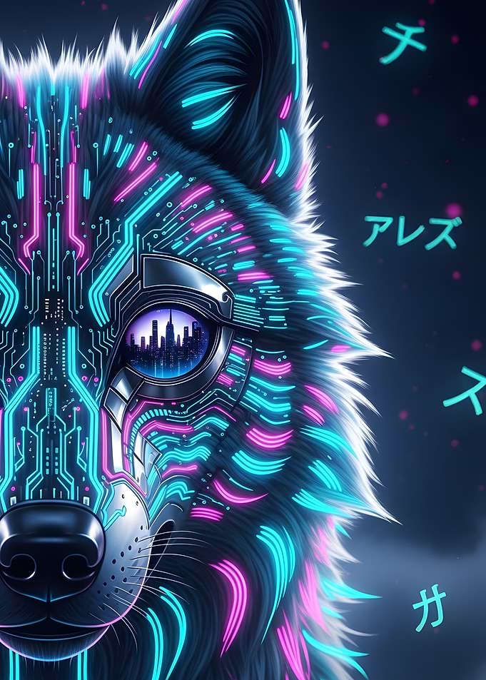 Cyberpunk Wolf with Cityscape Reflection