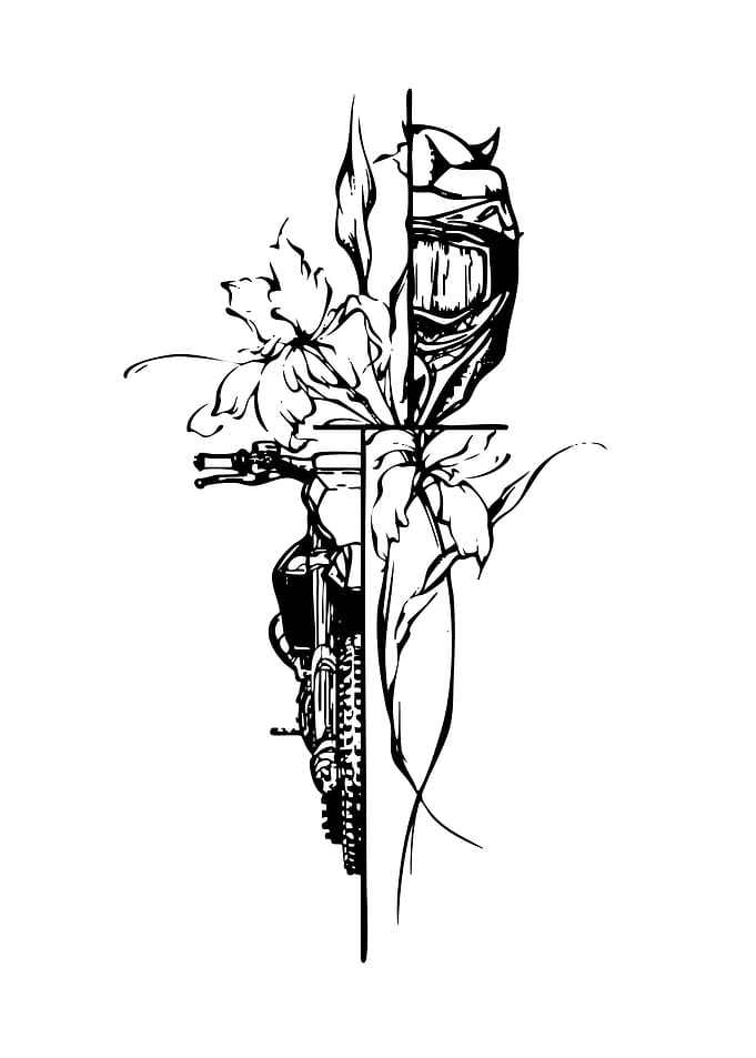 Motorcycle, Helmet, and Floral Line Art