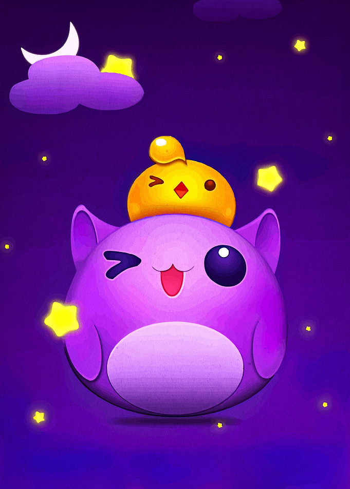 Cute Purple Cat and Yellow Chick