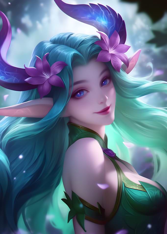 Fantasy Elf Portrait with Floral Adornments and horns
