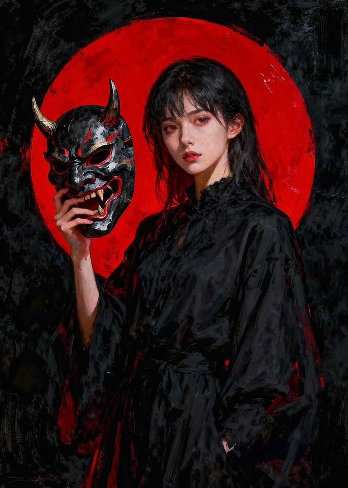 Woman with Oni Mask and Red Moon