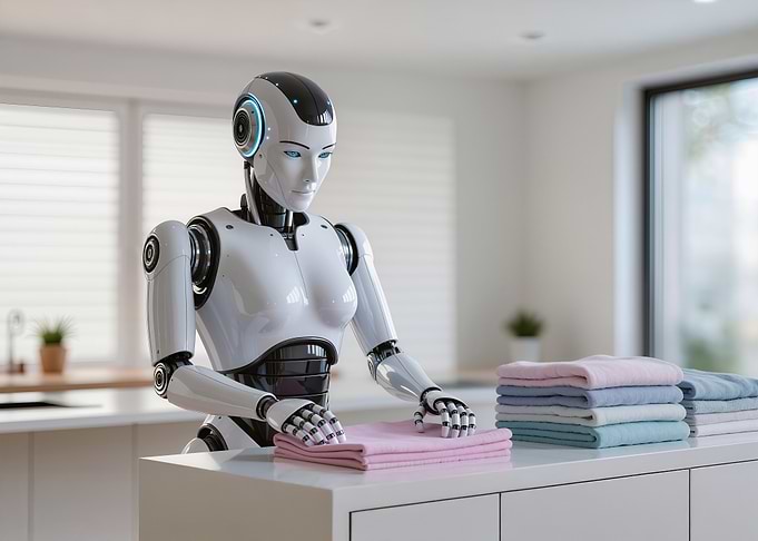 Robot folding laundry in modern kitchen