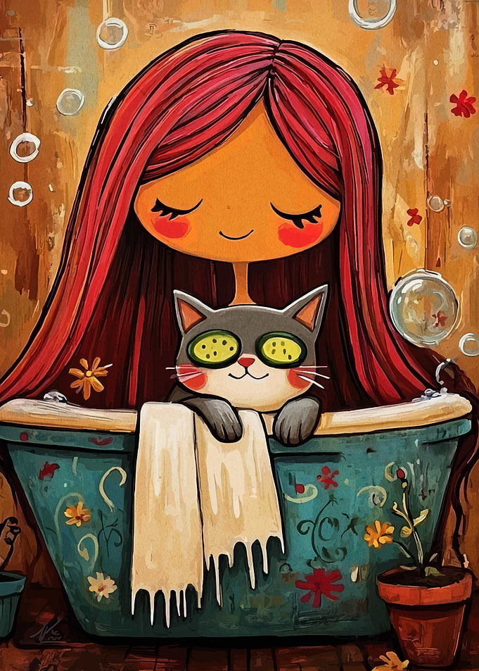 Girl and Cat Relaxing in Bathtub