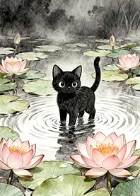Black Cat in Lily Pond