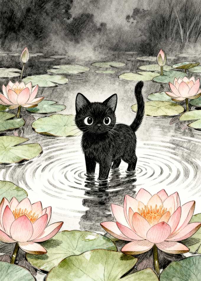 Black Cat in Lily Pond