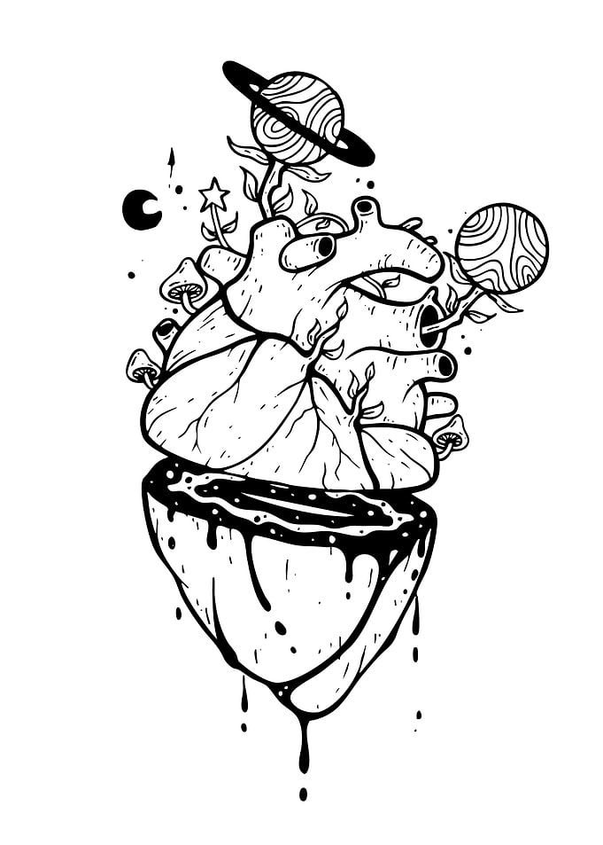 Anatomical Heart with Planets and Mushrooms