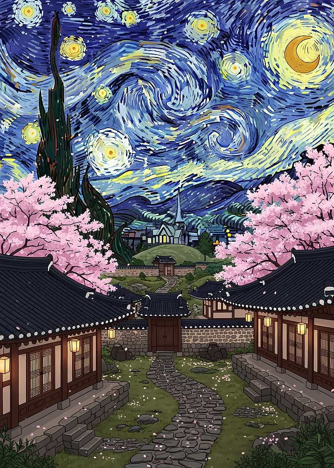 Korean Village Starry Night Art