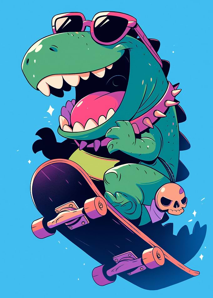Cartoon Dinosaur on Skateboard