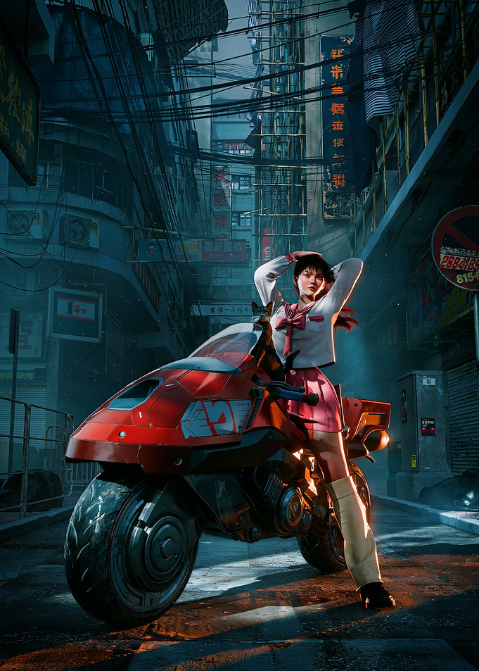 Cyberpunk Girl on Motorcycle