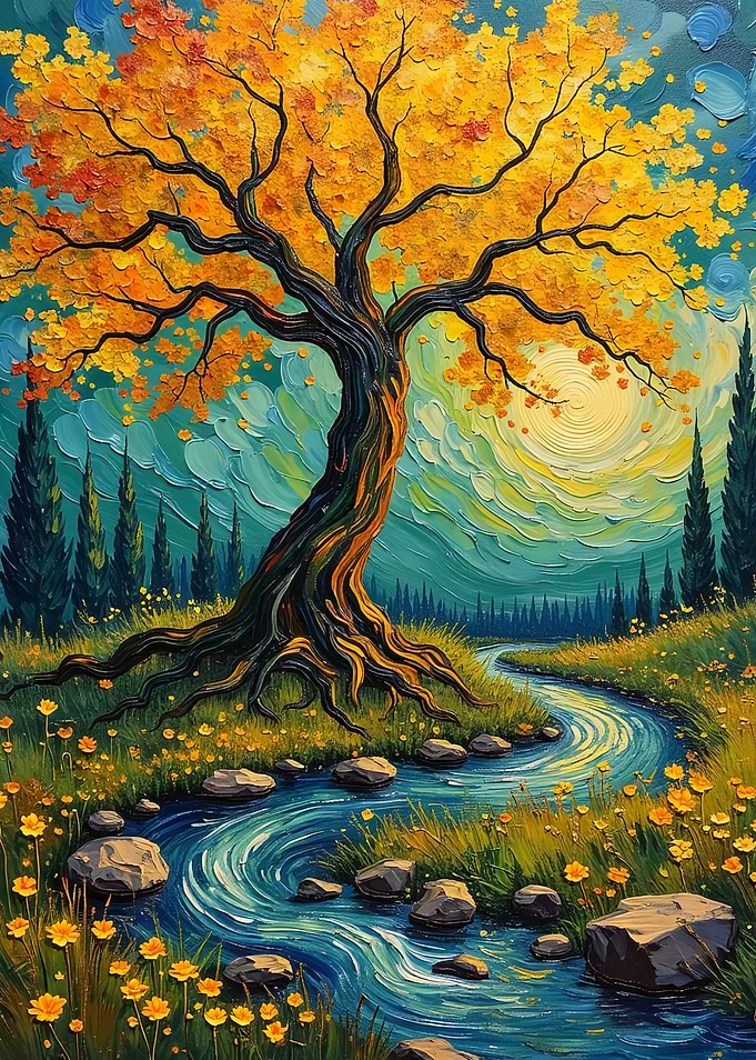 Autumn Tree by River Painting