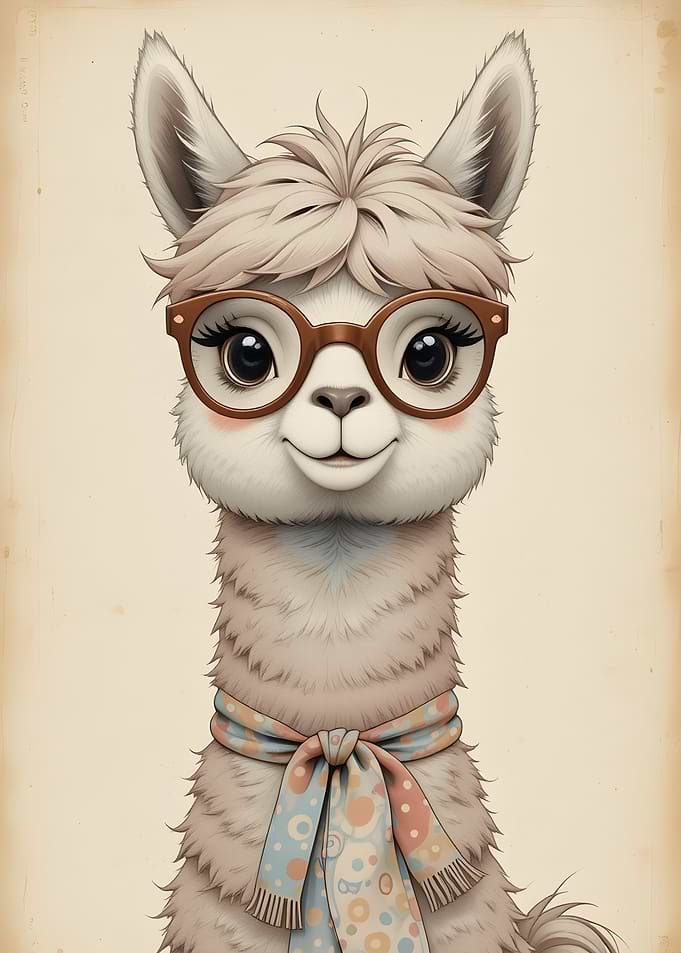 Llama with Glasses and Scarf, vintage style