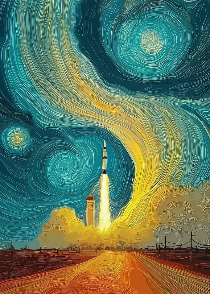 Rocket Launch in Starry Night Style