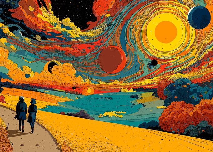Surreal Landscape with Figures and Planets