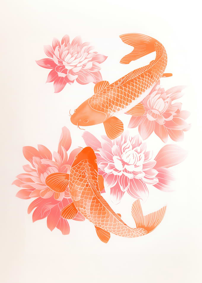 Tender Koi Fish and Lotus Flower Illustration