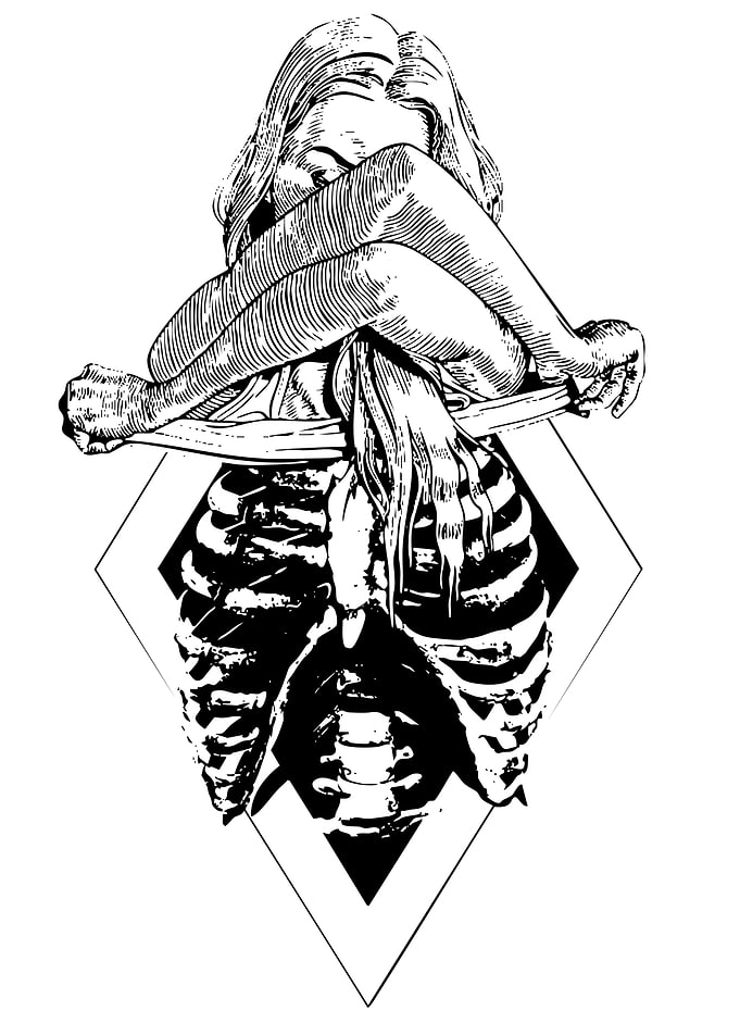 Woman and Skeleton Black and White Art