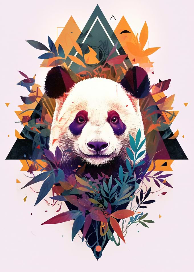 Panda Portrait with Geometric Floral Design