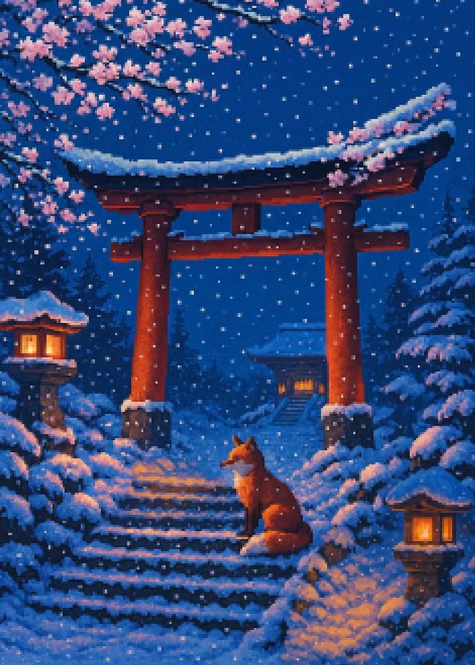 Fox by the Torii Gate in Winter Japanese Landscape