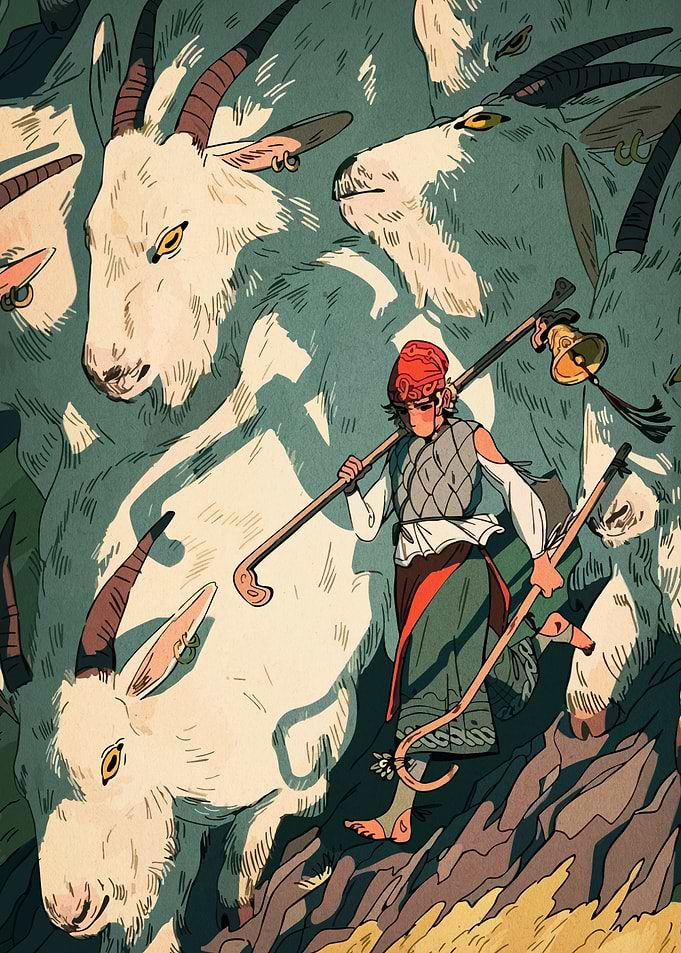 Shepherd with Goats Illustration