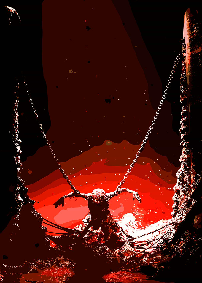 Chained Figure in Red Landscape